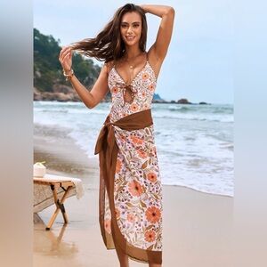 Printed Spaghetti Strap One Piece Swimwear and Cover Up Swim Set